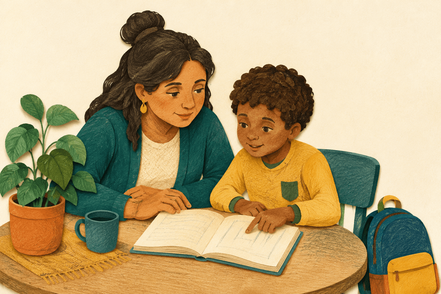 A parent and child looking through a notebook together at their kitchen table